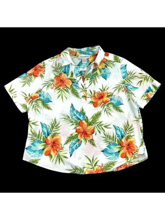 Vintage Cathy Daniels Tropical Hibiscus Short Sleeve Top - Picture 2 of 8